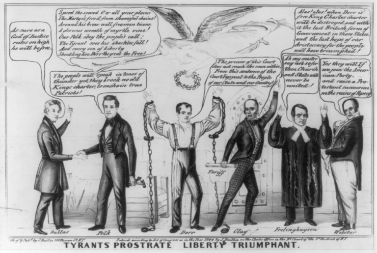 Black and white cartoon of six men all with speech bubbles. The man in the middle is enchained and an angel with a horn and a wreath flies above him.