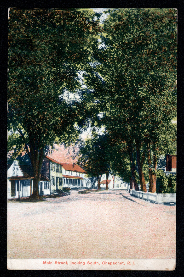 Colored drawing of a street with trees and houses lining it. The text at the bottom reads &quot;Main Street, looking South, Chepachet, R.I.&quot;.