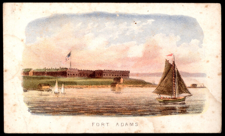 Colored drawing of a fort with an American flag waving. It is by a body of water where a boat is sailing. The text at the bottom reads &quot;Fort Adams&quot;.