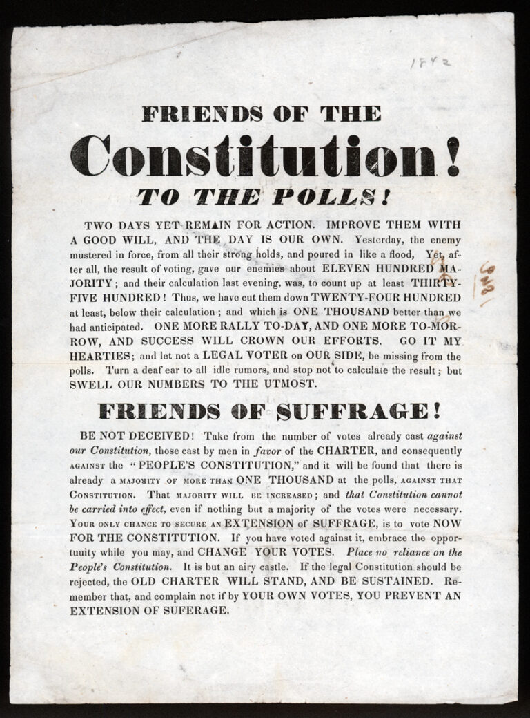 Print with main title and two paragraphs titled &quot;To The Polls!&quot; and &quot;Friends of Suffrage&quot; respectively.