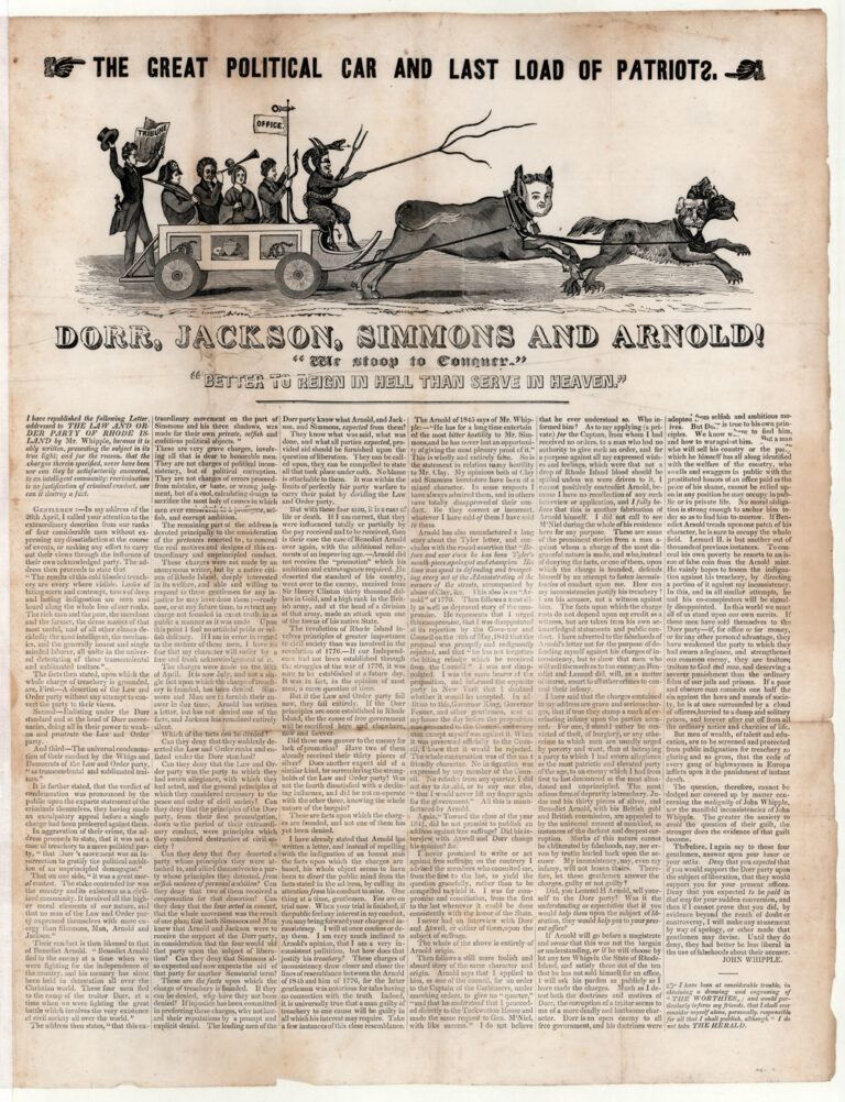 A newspaper page with a cartoon at the top depicting six figures riding a carriage which is being drawn by a cow with the head of Thomas Dorr and a three headed dog. There is text above and below the image.