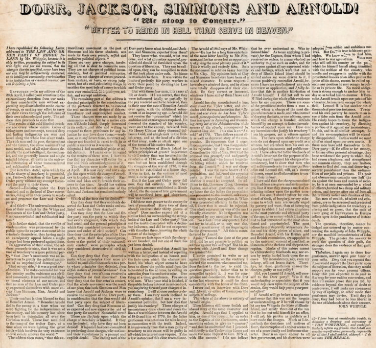 A newspaper clipping with the title &quot;Dorr, Jackson, Simmons, and Arnold! &#039;We stoop to conquer.&#039;&#039;Better to reign in hell than serve in heaven.&#039;&quot; There is text below the title.