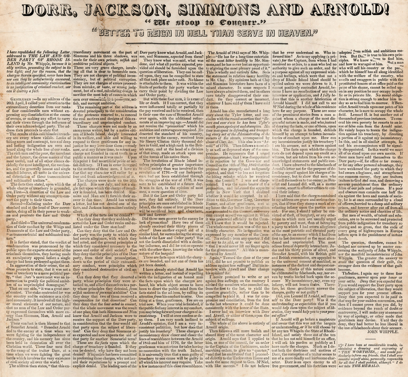 A newspaper clipping with the title "Dorr, Jackson, Simmons, and Arnold! 'We stoop to conquer.''Better to reign in hell than serve in heaven.'" There is text below the title.