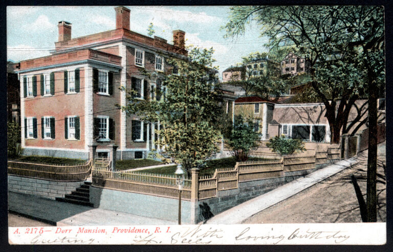 Street view drawing of the Door Mansion with a gated front yard and buildings in the background.