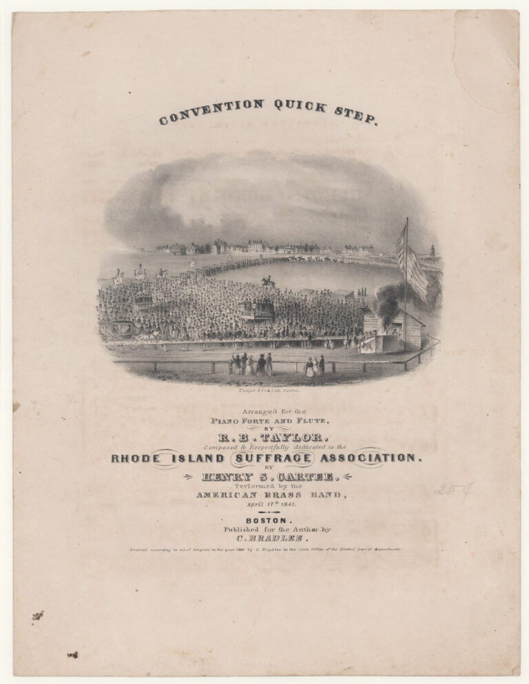 Print with drawing of a crowd gathered by a lake with an American flag to the right. There is text below the image.