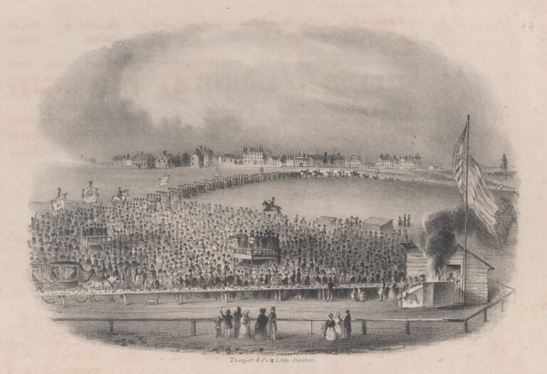 Drawing of a crowd gathered by a lake with an American flag to the right. There is text below the image.