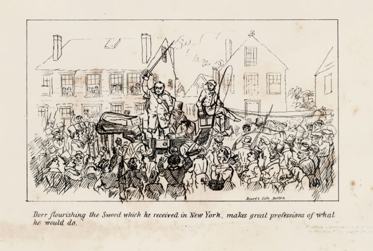 A cartoon showing a crowd of people surrounding Dorr, who is holding a sword and standing on a carriage. The text below reads &quot;Dorr flourishing the Sword which he received in New York, makes great professions of what he would do.&quot;.