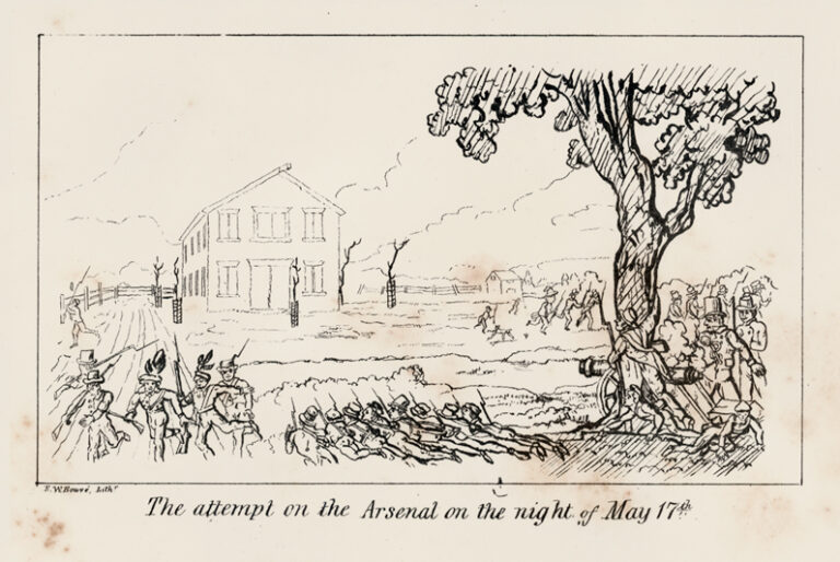 Cartoon of soldier on a field with a cannon pointed at building. The text below reads &quot;The attempt on the Arsenal on the night of May 17th&quot;.