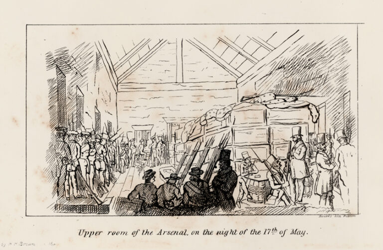 A cartoon of soldiers with rifles inside a building. The text below reads &quot;Upper room of the Arsenal on the night of the 17th of May.&quot;.