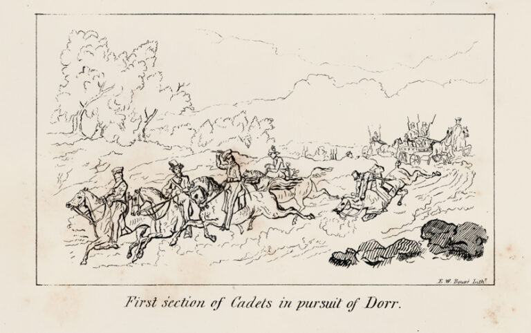 Cartoon depicting soldiers on horseback running along a path. One has fallen over. The text below reads &quot;First section of Cadets in pursuit of Dorr.&quot;.