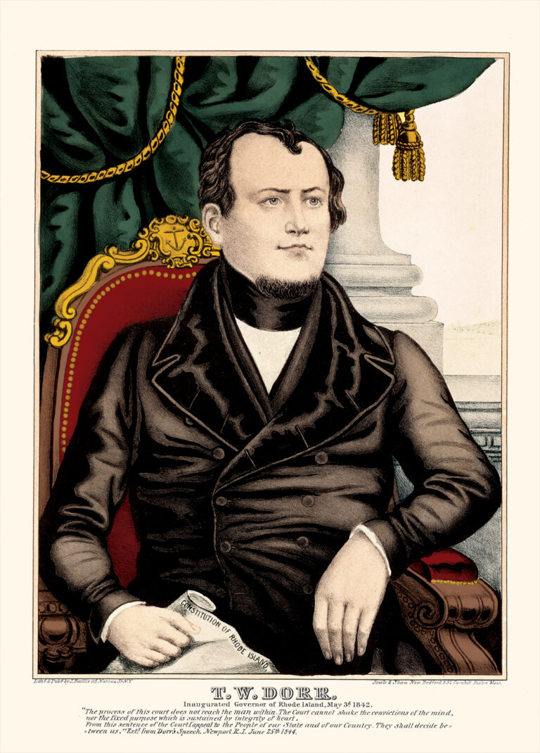 Colored lithograph portrait of Thomas W Dorr in a seated position with text below.