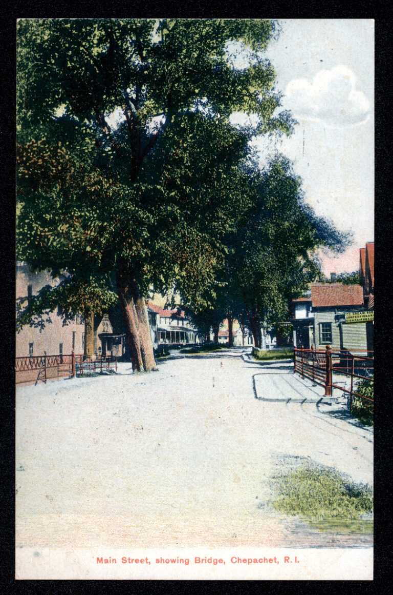 Colored drawing of a street with trees, houses, and metal gates lining it. The text at the bottom reads &quot;Main Street, showing Bridge, Chepachet, R.I.&quot;.